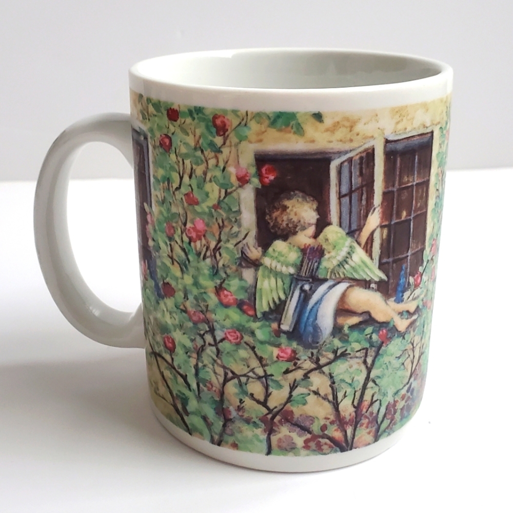 VINTAGE STARBUCKS Holiday Mug Holly Berry Bush Cupid Love Cherubs Angels
